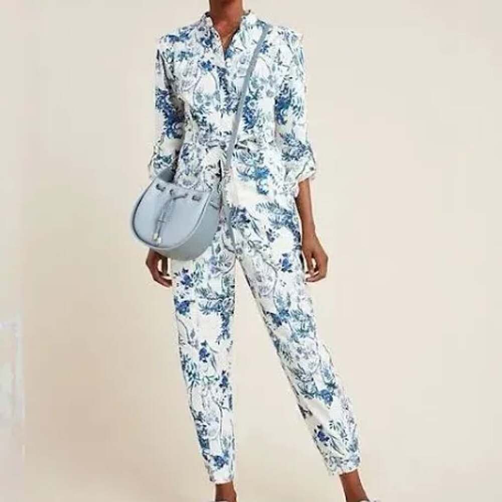 Anthropologie Lucienne Belted Jumpsuit Size 6 Western boho Blue Floral